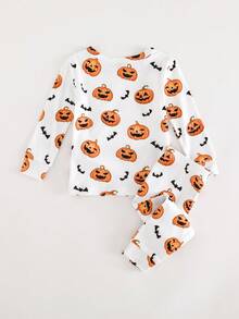 Cozy Pixies Set pigiama aderente per bambina, top a maniche lunghe e pantaloni in maglia con motivo a zucca, morbido, collo rotondo, autunnale