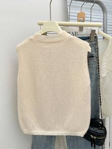 SHEIN Frenchy Women's Solid Color Knit Casual Sweater, Minimalist And Fashionable, Suitable For Daily Wear Women's Handmade 3D Floral Pattern Knit Sweater Vest, Casual Sweater, Autumn Women's Wear, Can Be Worn Outerwear/Layering, Daily Wear, Tube Top Winter Casual - Apricot - View 2