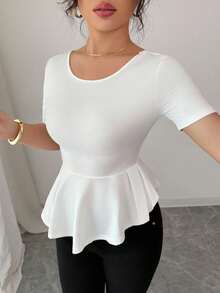 Elenzga 女士休闲蝴蝶结后褶下摆收腰 T 恤，适合居家和户外穿着 - 白色 - 查看 4