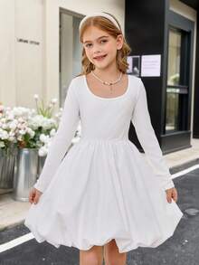 SHEIN Tween Girls Fashionable Solid White Color Ballet Style Round Neck Long Sleeve Mini Puffy Dress, Suitable For Christmas Party, School Event, Fall Winter Dress - White - View 2