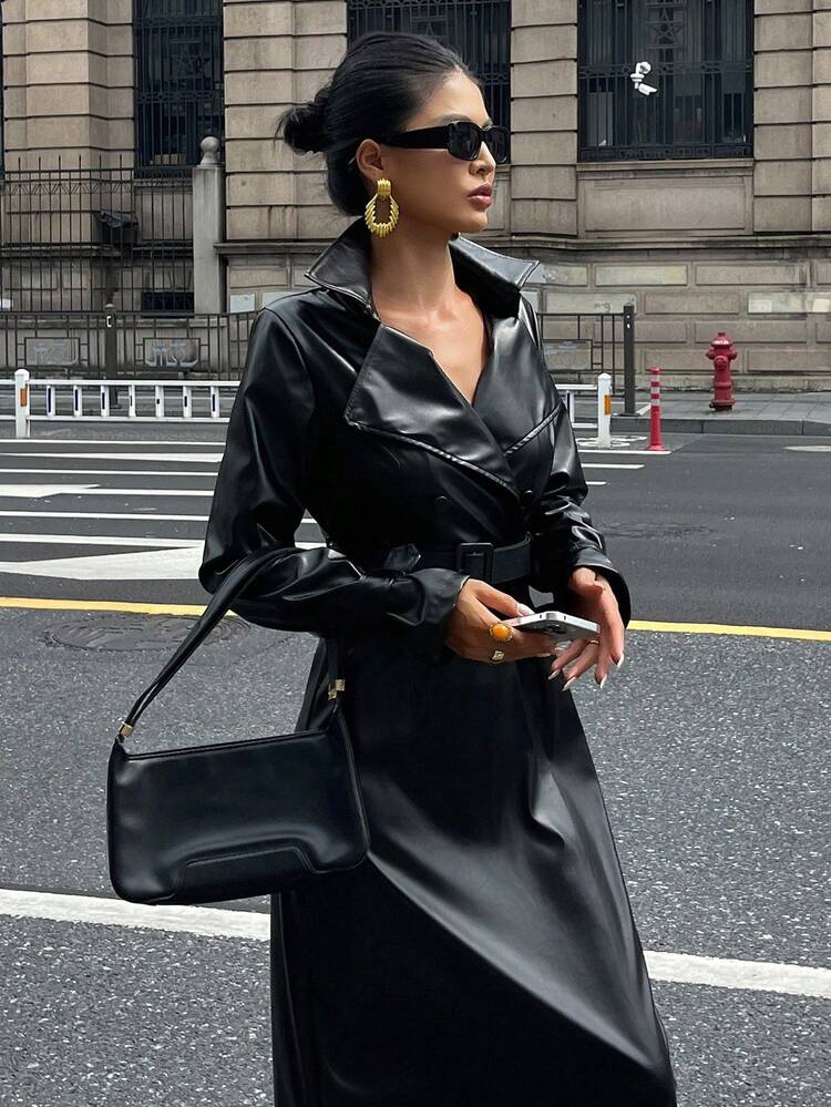 Women's Casual Solid Color PU Mid-Length Dress, Autumn