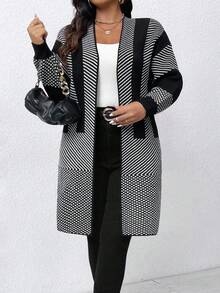 SHEIN PETITE CURVE Plus Size Women Striped Long Sleeve Open Front Casual Knit Cardigan, Autumn Winter Fall - Black - View 2