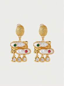 Glisma 18K Gold-Plated Vintage Asymmetrical Pearl/Shell Earrings, Suitable For Holiday, Wedding, Honeymoon, Concert/Festival, Party - For Women/Girls, Autumn/Winter, Festival, Holiday, Vacation - Gold - View 4