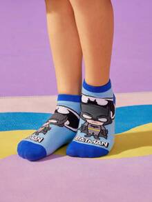 BATMAN X SHEIN 3 双棉质柔软透气吸湿排汗男童儿童短袜蓝色可爱卡通踝袜加固脚趾和脚跟，经久耐用，四季百搭，适合学校和户外