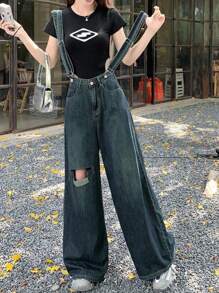 DAZY 女式高腰破洞牛仔背带裤，宽松老爹牛仔裤，窄腿阔腿长裤 - 深色水洗藍 - 查看 4