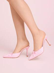 CUCCOO DOLLMOD Women's Plaid Bow Decor Pointed Toe Mule High Heel Shoes, Fashion & Cute - Baby Pink - View 3