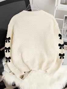 SHEIN Sparklyn Tween Girls Casual Bow Print Soft Sweater, Suitable For School, Party, Celebration In Autumn/Winter Bows On Clothes Sweater For Teen Girls Cute Sweater Sweater With Bows Bow Sweater Fall - White - View 2