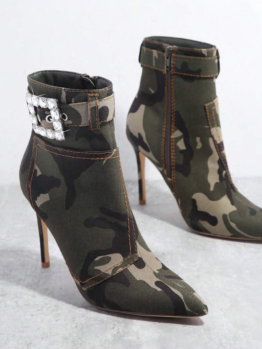 SHUZIA 迷彩印花尖頭拉鏈開襟踝靴 - 彩色 - 查看 1