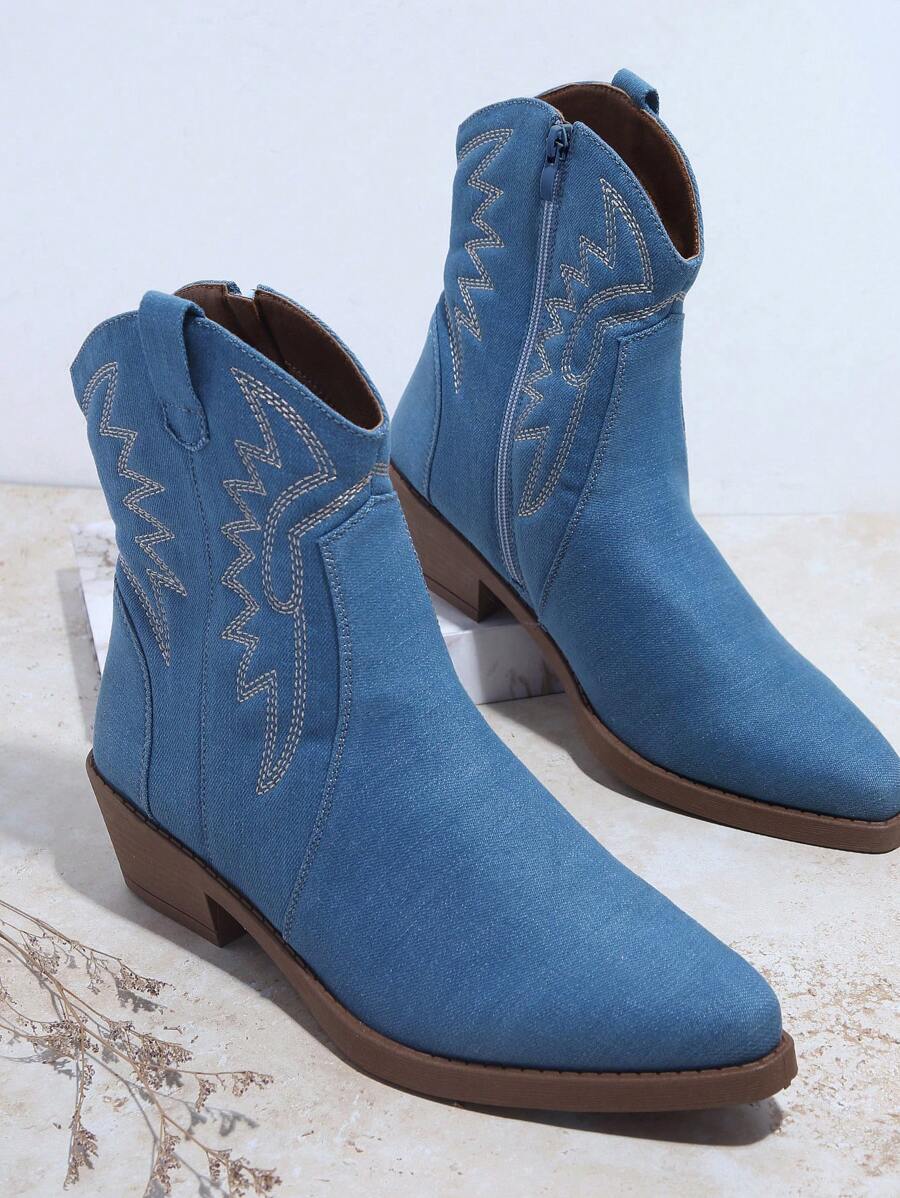 SHUZIA Embroidered Side Zipper Western Boots - Blue - View 1