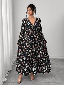 Elenzga 大码花卉印花荷叶边下摆长裙，女士休闲日常连衣裙，适合教师，春夏秋季，松紧腰长袖复古浪漫通勤简约连衣裙 - 彩色 - 查看 3