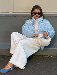 DAZY 女士纯色宽松高领口袋休闲街头厚棉服外套，秋冬夹克 - 藍色 - 查看 4