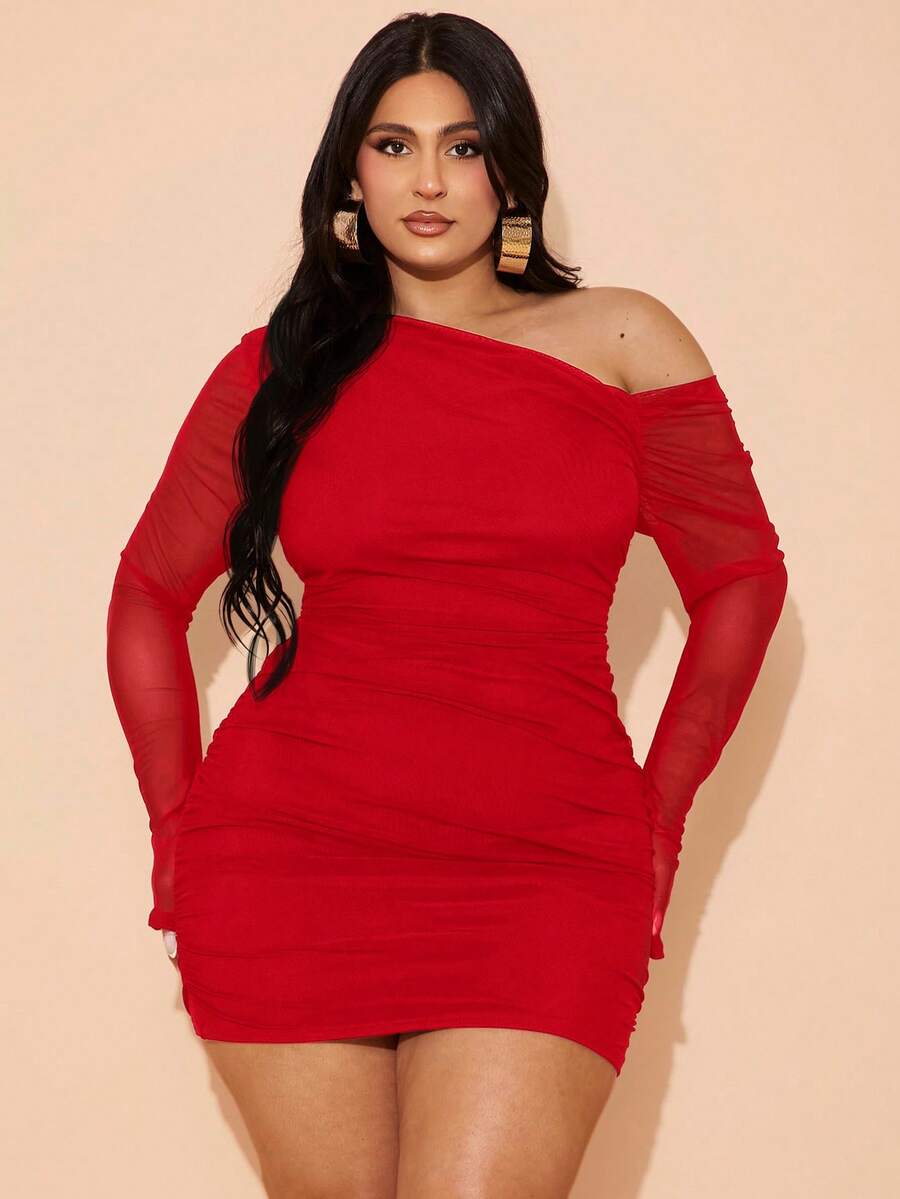 SHEIN BAE Váy ôm sát tay dài lưới xếp nếp hở vai gợi cảm cỡ lớn dành cho nữ, thích hợp mặc hàng ngày, đi chơi, hẹn hò, trà chiều, nghỉ mát, xuân/hè, trở lại trường, đi làm, dự tiệc cưới - Đỏ - Xem 1