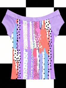 Shutterstock Y2K Style Purple Off Shoulder T-Shirt With Hand-Drawn Line, Polka Dot, Star & Galaxy Print Lilac Top Pastel Tops Purple Blouses Lavender Tops Abstract Print Top Purple Top - Purple - View 2