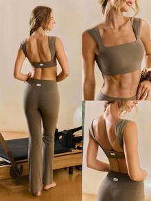 GLOWMODE FeatherFit™ Ribbed Soft Flex Square Neck Sports Bra Low Impact Yoga Pilates Studio Daily Casual Wear Removable Cups Fall Winter - Brown - View 7