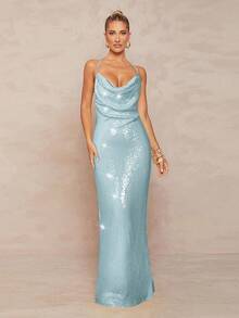 Lumalex Váy đuôi cá chéo hở lưng đính sequin và dây xích kim loại cho nữ - Màu xanh bạc hà - Xem 1