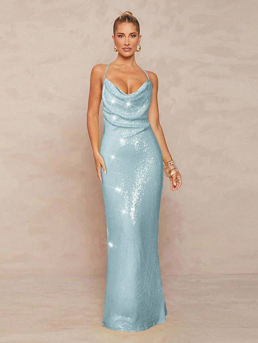 Lumalex Váy đuôi cá chéo hở lưng đính sequin và dây xích kim loại cho nữ - Màu xanh bạc hà - Xem 1