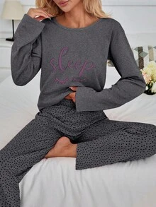 EURMUSE Plus 100% Cotton 2Pcs Eye&Heart Printed PJ Set Women S Pajama Women S Pajama Pants Women Pj Set Short Women Nighty Pj Tops For Women Pajama Set Women Long Sleeve Pajama Set Womens Pajama Set 2 Piece Pajama Set Women Sleepwear Set Women - Dark Grey - View 6