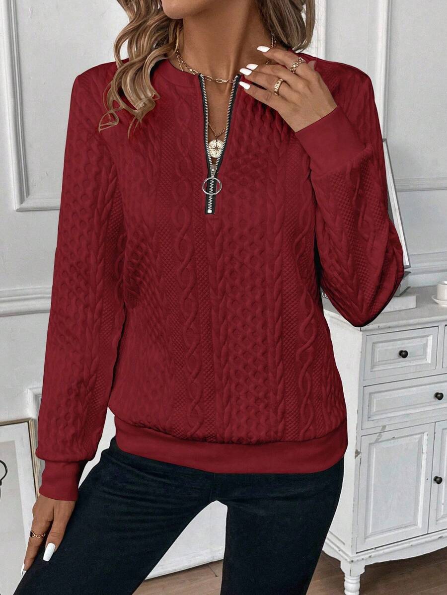 SHEIN LUNE Casual Versatile Solid Color Textured Crew Neck Sweatshirt Fall Cloth For Women - Burgundy - View 1
