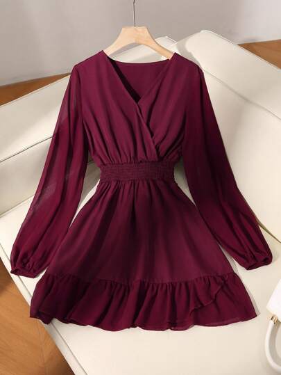 GlowEve Vestido corto casual de mujer con cuello en V, volantes en el bajo y cintura ceñida