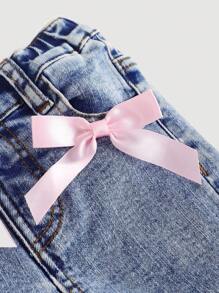 SHEIN Jeans acampanados azules con lazo rosa y elástico para niña, estilo años 2000, kawaii, de vuelta al colegio, ropa casual y cómoda para niños en otoño, cómoda, casual y de moda para vacaciones - Lavado ligero - Ver 5