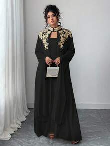 Cravure Plus Size Women's Embellished Long Sleeve Robe And Dress Elegant 2 Pieces Set Fall Cloth For Women