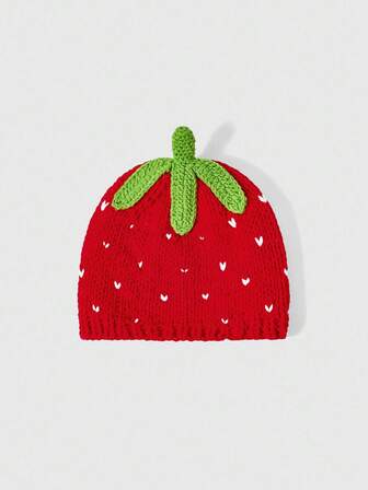 Kawaii 1 Stück süße Erdbeere Herz Polka Punkt Strick Beanie, süße Frucht Farbblock warme lässige Mütze, modisches vielseitiges Accessoire