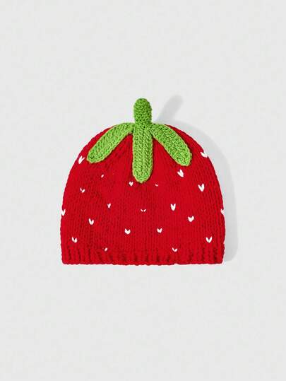 Kawaii 1pc Cute Strawberry Heart Polka Dot Knit Beanie, Sweet Fruit Color Block Warm Slouchy Hat, Fashionable Versatile Accessory