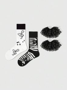 ROMWE Kawaii Bộ 2 đôi tất giữ ấm chân ngang bắp chân họa tiết nốt nhạc đen trắng phong cách Punk Y2K sọc và viền ren gợi cảm màu trơn, thích hợp cho lễ hội âm nhạc, trang phục anime, trang phục thường ngày - Đen và trắng - Xem 1