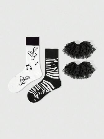 Kawaii زوجان من دافئات الساق بطراز بانك Y2K بتباين الألوان الأسود والأبيض بنقشة الخطوط والملاحظات الموسيقية، وزوج من دافئات الساق الكاحل ذات اللون الأحادي مع تطريز دانتيل، مناسبة لمهرجانات الموسيقى والأزياء الأنمي والملابس اليومية