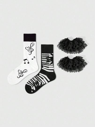 Kawaii زوجان من دافئات الساق بطراز بانك Y2K بتباين الألوان الأسود والأبيض بنقشة الخطوط والملاحظات الموسيقية، وزوج من دافئات الساق الكاحل ذات اللون الأحادي مع تطريز دانتيل، مناسبة لمهرجانات الموسيقى والأزياء الأنمي والملابس اليومية