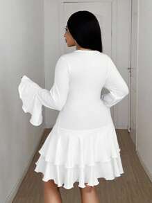 Maweii Plus Size Women's Fashionable Asymmetrical Ruffle Hem Long Sleeve Dress, Elegant Vibe Fall Cloth For Women - White - View 6