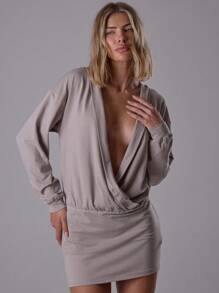 MUSERA Deep V Plunge Low Loose Long Sleeve Fitted Bottom Dress Classy Night Out Sexy Cute Coolgirl Streetwear Dawn - Grey - View 2