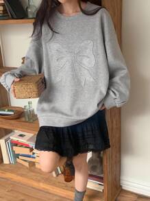 DAZY 女士斜肩蝴蝶印花休闲韩版长袖不对称肩部运动衫秋冬 - 灰色 - 查看 2