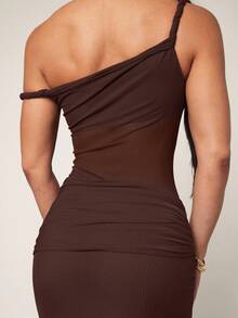 Silquee 女式复古纯色褶饰不对称肩部连衣裙，夏季 - 咖啡棕 - 查看 7