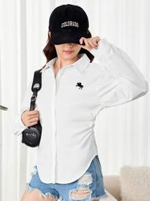 SHEIN 少女白色修身衬衫，弧形下摆，刺绣，学院风衬衫，百搭百搭衬衫，适合青少年 - 白色 - 查看 7