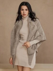 DAZY Chaqueta de cárdigan de mujer con cuello de chal de punto de parche suave y holgada, adecuada para el trabajo, el hogar, el transporte, elegante para otoño e invierno, abrigo esponjoso