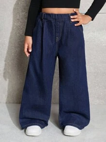 SHEIN 少女宽松荷叶边下摆深蓝色牛仔裤 - 深色水洗藍 - 查看 4