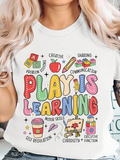 Calvaya 复古时尚玩耍学习幼儿园老师日托 T 恤，透气舒适，短袖圆领上衣，适合所有季节