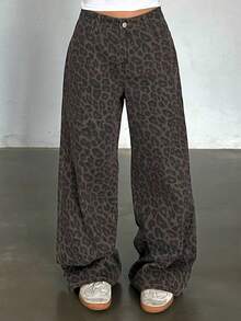 Livesso 女士时尚豹纹宽松休闲牛仔裤 - 棕色 - 查看 4