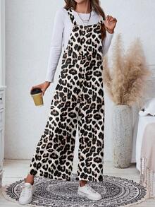 SHEIN LUNE Damen Lässig Leoparden-Muster Taschen Loose Jumpsuit, geeignet für Herbst/Winter