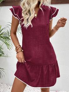 EMERY ROSE Women's Vacation V-Neck Cap Sleeve Ruffle Hem Casual Dress - Burgundy - View 6