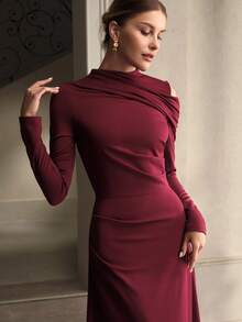 ZEYLAH Asymmetric Shoulder Hollow Out Waist Cinched Long Elegant Dress, Christmas Dress, Red Dress, New Year Dress