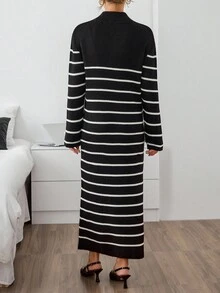 EURMUSE Curve Nautical Stripe, Cozy Half-Zip Knit Dress - Black and White - View 2