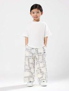 SUMWON 男童休闲阔腿夏季裤头巾佩斯利印花松紧腰棉质长裤舒适宽松春季时尚 - 藍白色 - 查看 3