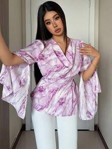 Modelyn Élégante blouse à manches longues pour femmes avec col drapé, fente et poignets à liens, en aquarelle violette