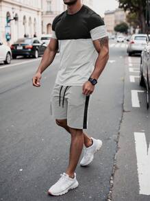 Manfinity Homme Men's Color Block Round Neck Short Sleeve Casual T-Shirt And Drawstring Waist Shorts Set - Multicolor - View 1