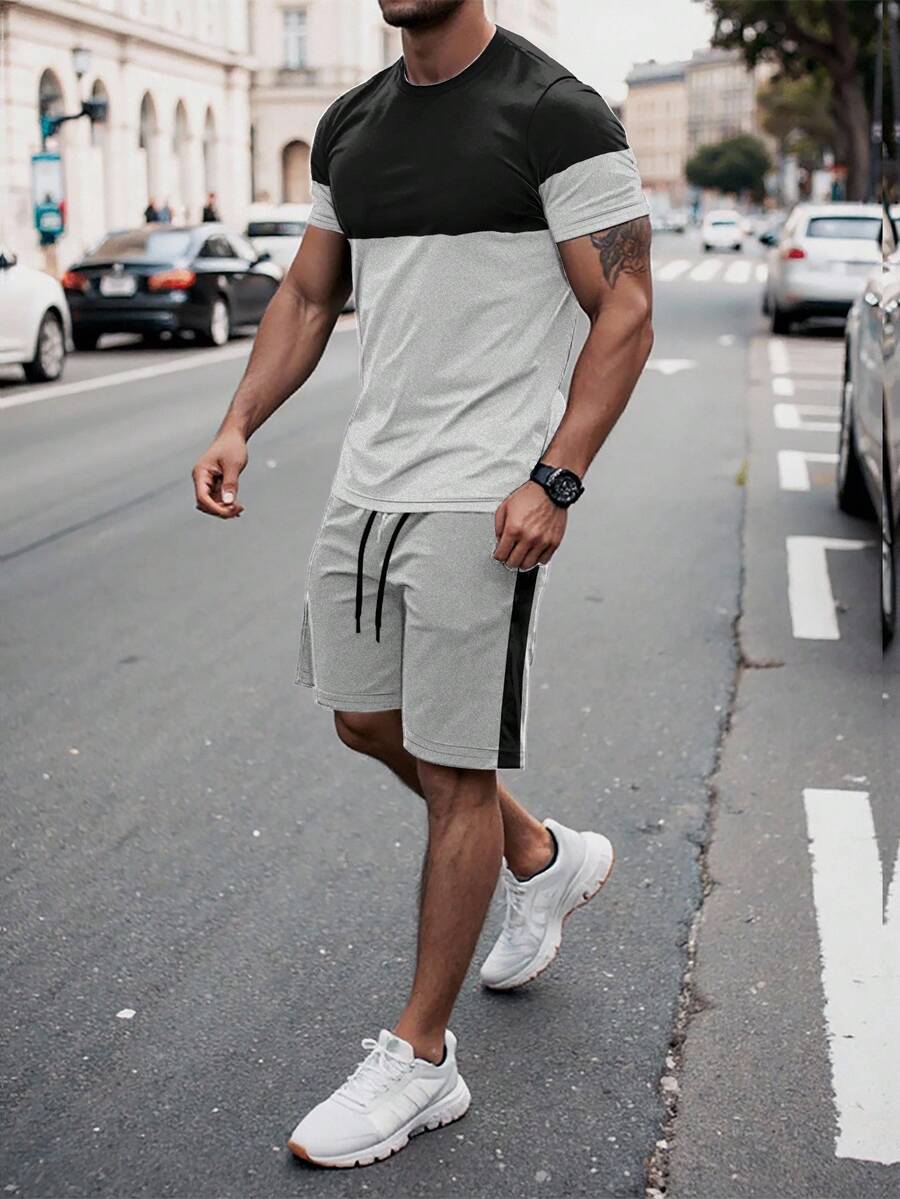 Manfinity Homme Men's Color Block Round Neck Short Sleeve Casual T-Shirt And Drawstring Waist Shorts Set - Multicolor - View 1
