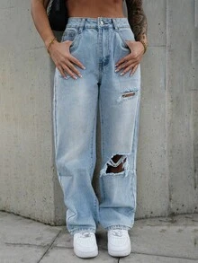 SAYEHFBABY Women's Fashion High Waist Straight Wide Leg Ripped Jeans - Light Wash - View 3