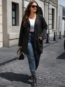 Rosumi Plus Size Women's Autumn Casual Solid Color Zip-Up Waterproof Casual Black Hooded Jacket,Cinched Waist Black Lightweight Hooded Trench Coat With Pockets, Fall Women Clothes,Fall,Winter Clothes For Women,Vintage,Going Out Outfits,Fall Clothes For Women,Fall Outfits,Winter Jacket,Trench Coat,Winter Jacket For Women,2025 New