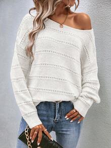 EMERY ROSE Solid Color Crew Neck Casual Pullover Sweater - White - View 5
